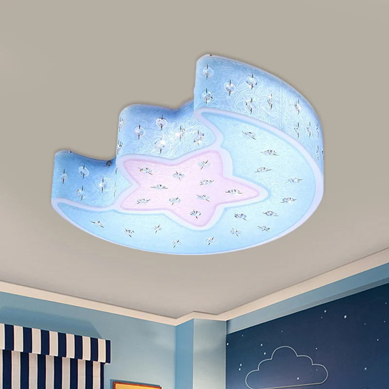 Lune et étoile encastré luminaire suspendu moderniste acrylique bleu/rose LED éclairage de plafond avec cristal déco pour...