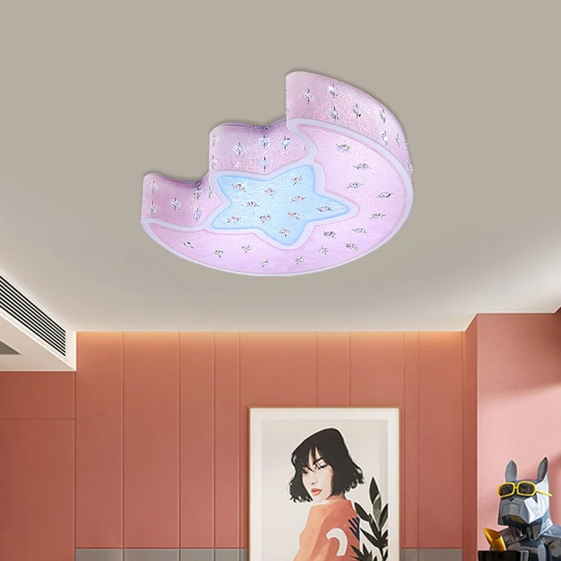 Lune et étoile encastré luminaire suspendu moderniste acrylique bleu/rose LED éclairage de plafond avec cristal déco pour...