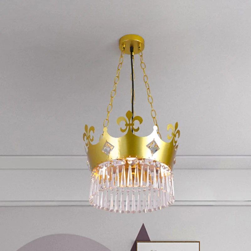Lustre à abat-jour en forme de couronne dorée, luminaire contemporain en cristal, 4 ampoules suspendues en or Clearhalo