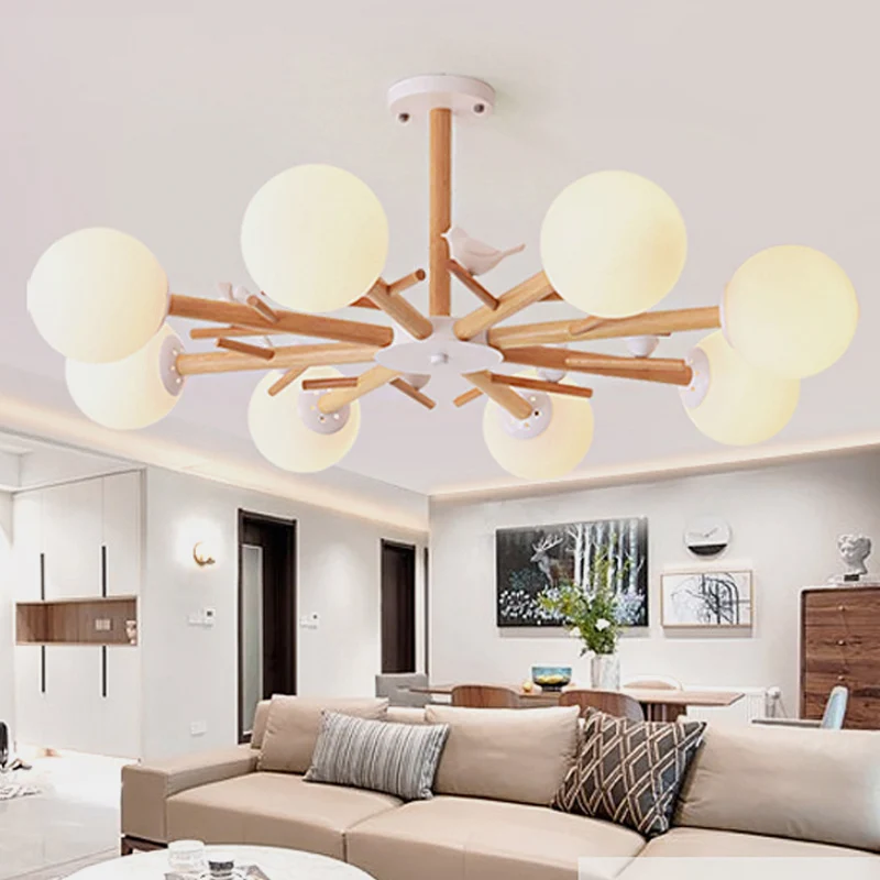 Lustre à abat-jour Globe blanc, suspension en bois de Style rustique avec oiseau pour salle à manger Clearhalo