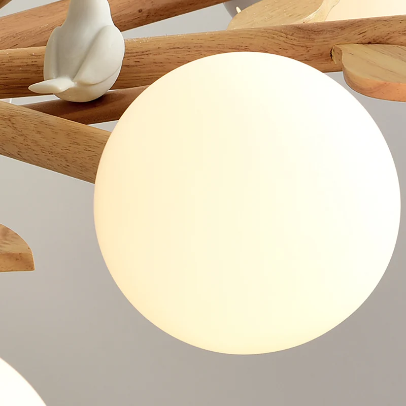 Lustre à abat-jour Globe blanc, suspension en bois de Style rustique avec oiseau pour salle à manger Clearhalo