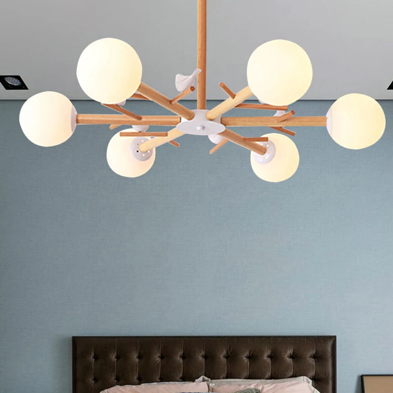 Lustre à abat-jour Globe blanc, suspension en bois de Style rustique avec oiseau pour salle à manger Clearhalo