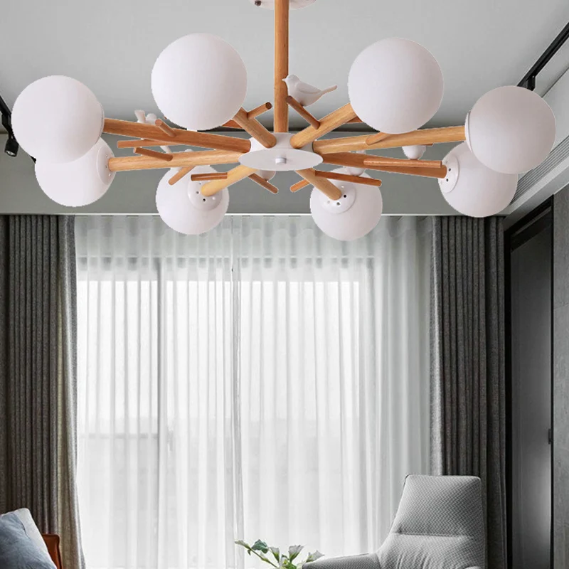 Lustre à abat-jour Globe blanc, suspension en bois de Style rustique avec oiseau pour salle à manger Clearhalo