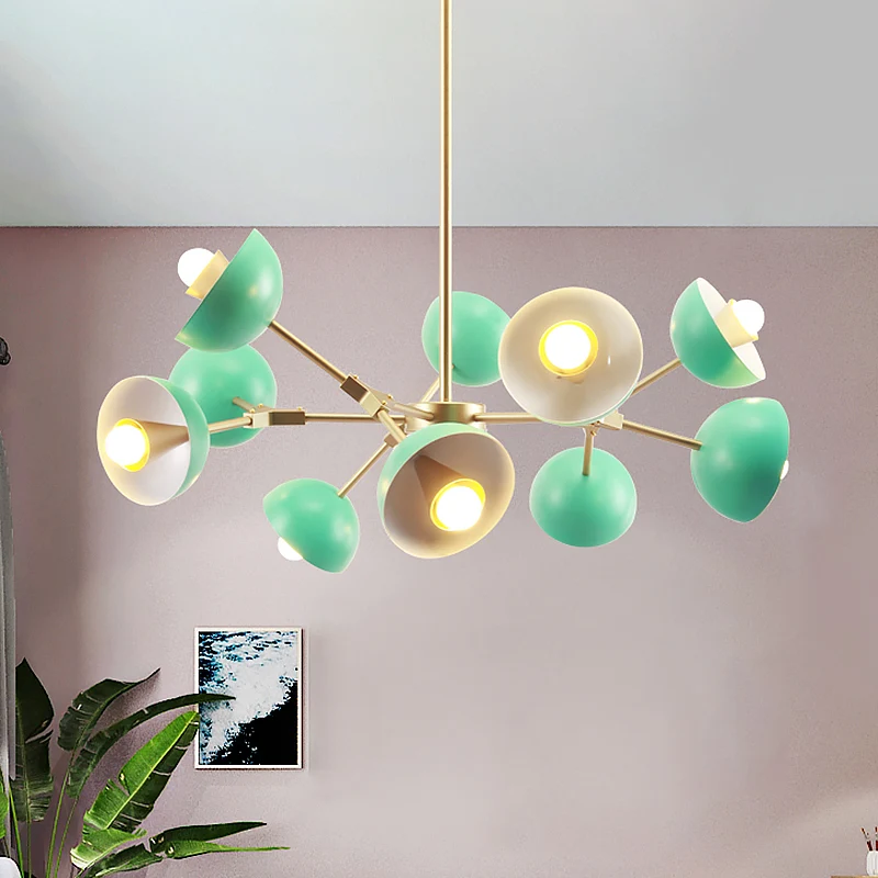 Lustre à abat-jour hémisphère en fer, 10 lumières, suspension moderne en vert pour Restaurant Clearhalo