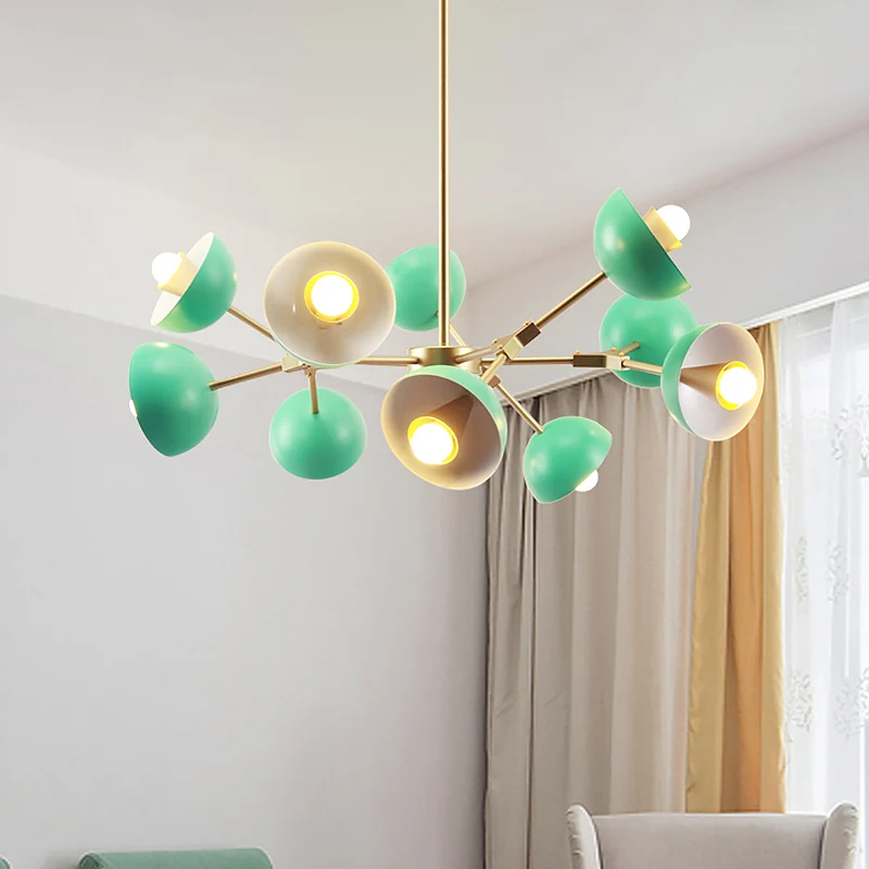Lustre à abat-jour hémisphère en fer, 10 lumières, suspension moderne en vert pour Restaurant Clearhalo
