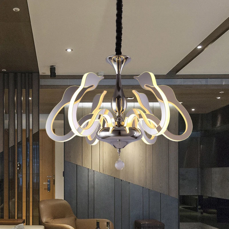 Lustre acrylique tête de cygne modernisme, 6 ampoules, lampe suspendue chromée en lumière blanche/chaude/naturelle avec go...