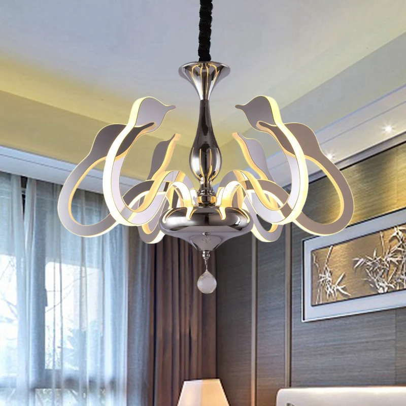 Lustre acrylique tête de cygne modernisme, 6 ampoules, lampe suspendue chromée en lumière blanche/chaude/naturelle avec go...