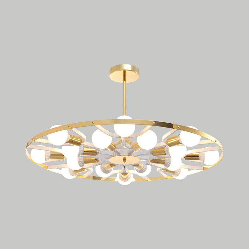 Lustre à ampoule nue avec anneau doré, 16 lumières, luminaire de plafond métallique moderne Clearhalo