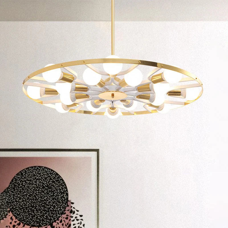 Lustre à ampoule nue avec anneau doré, 16 lumières, luminaire de plafond métallique moderne Clearhalo