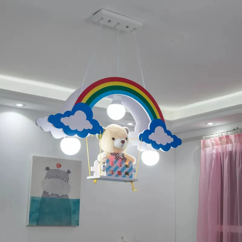 Lustre arc-en-ciel en bois, 3 lumières, suspension multicolore pour enfants, avec ours jouet, pour chambre d'enfant Clearhalo