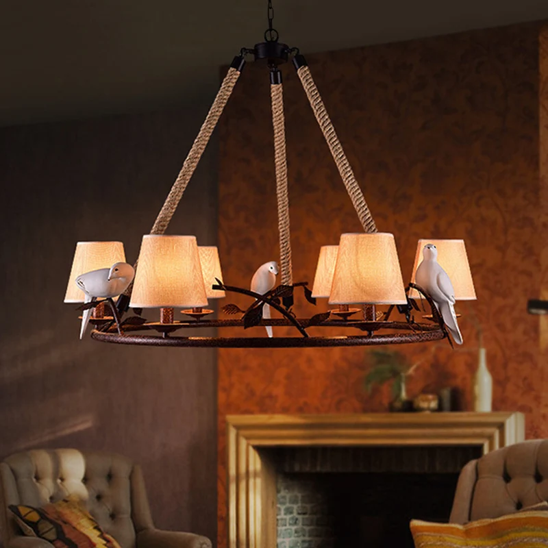 Lustre beige à 6 lumières, luminaire traditionnel en tissu avec abat-jour conique Clearhalo