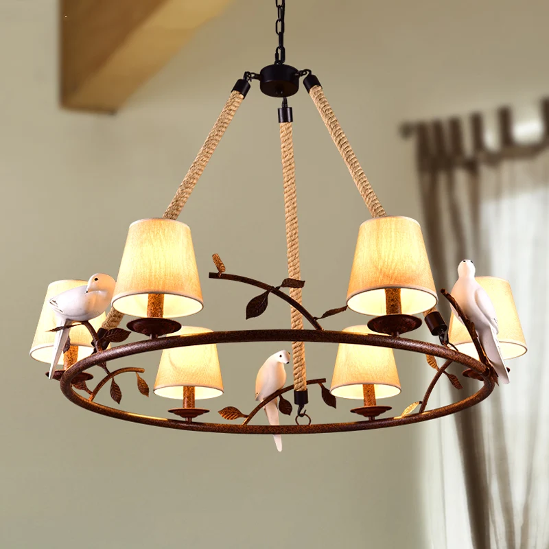 Lustre beige à 6 lumières, luminaire traditionnel en tissu avec abat-jour conique Clearhalo