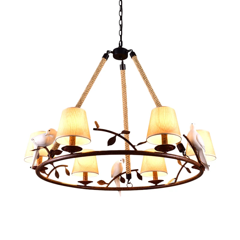 Lustre beige à 6 lumières, luminaire traditionnel en tissu avec abat-jour conique Clearhalo