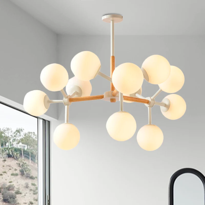 Lustre blanc moderne, abat-jour sphérique, 8/12 lumières suspendues en verre opale, pour Table à manger d'hôtel Clearhalo