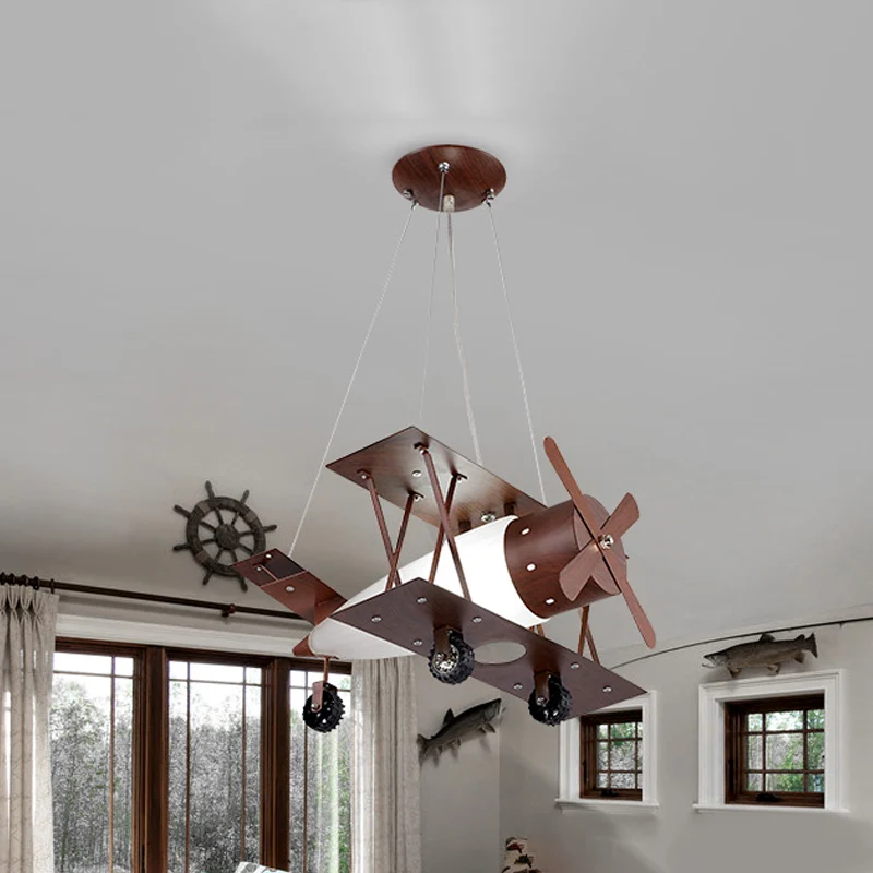 Lustre bleu simple pour enfants, finition café, lampe à Suspension biplan avec abat-jour en verre opale Clearhalo