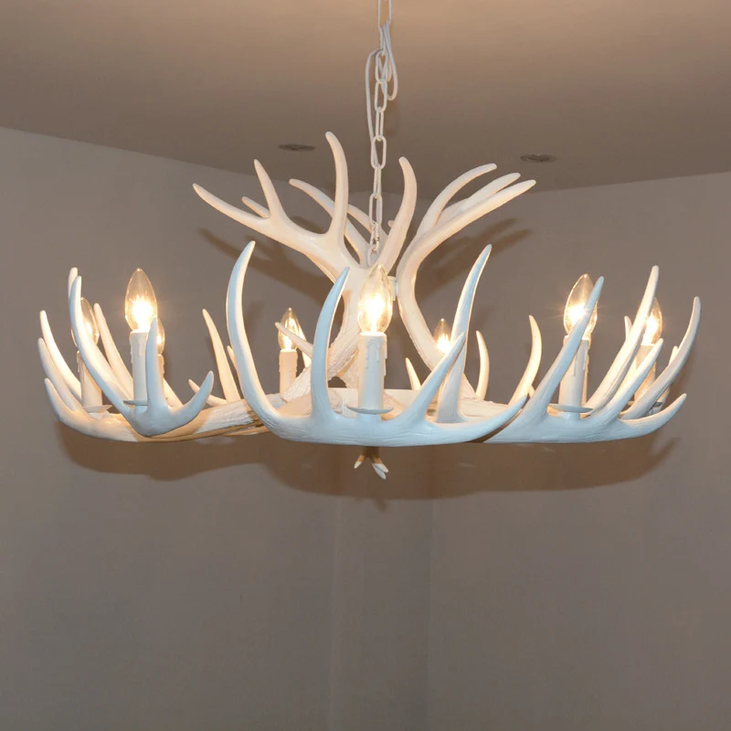 Lustre en bois de cerf à ampoule nue, Suspension en résine blanche de Style campagnard pour le salon Clearhalo