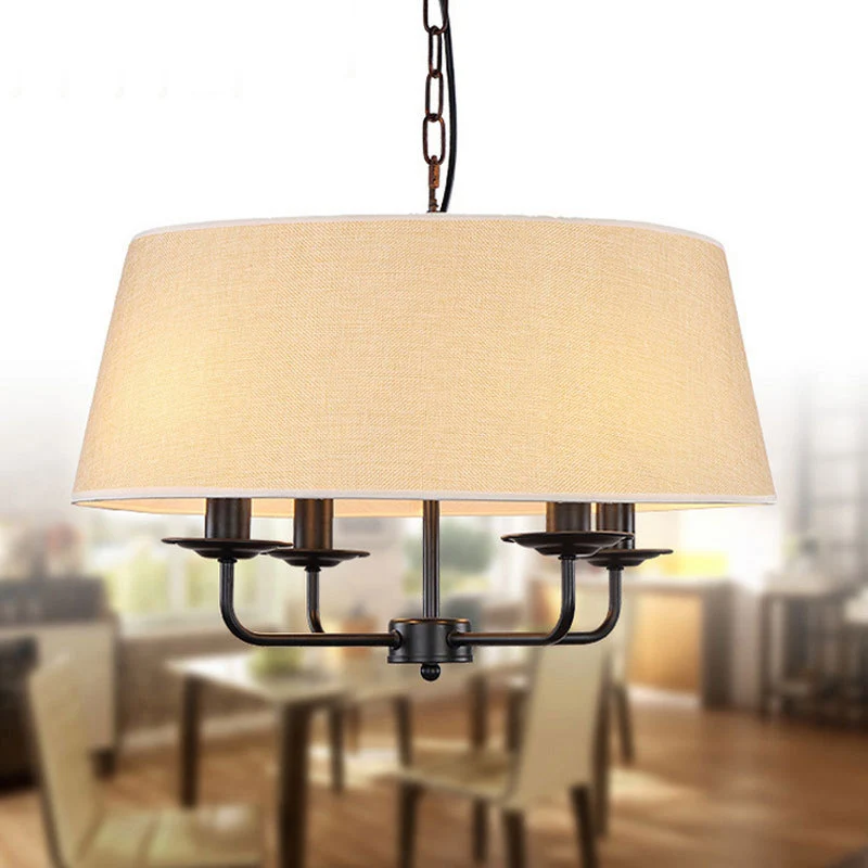 Lustre à bougie classique en tissu blanc/vert/Beige, 4 ampoules, luminaire de plafond suspendu avec abat-jour tambour Clea...