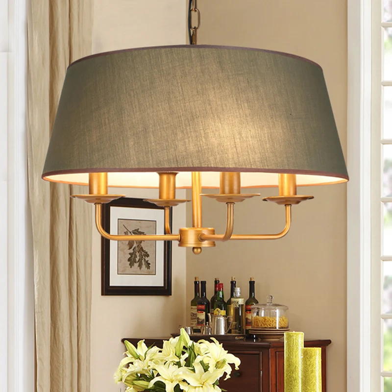 Lustre à bougie classique en tissu blanc/vert/Beige, 4 ampoules, luminaire de plafond suspendu avec abat-jour tambour Clea...