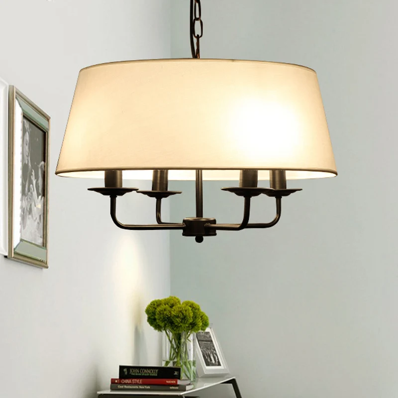 Lustre à bougie classique en tissu blanc/vert/Beige, 4 ampoules, luminaire de plafond suspendu avec abat-jour tambour Clea...