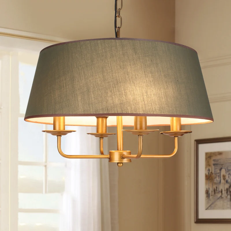 Lustre à bougie classique en tissu blanc/vert/Beige, 4 ampoules, luminaire de plafond suspendu avec abat-jour tambour Clea...