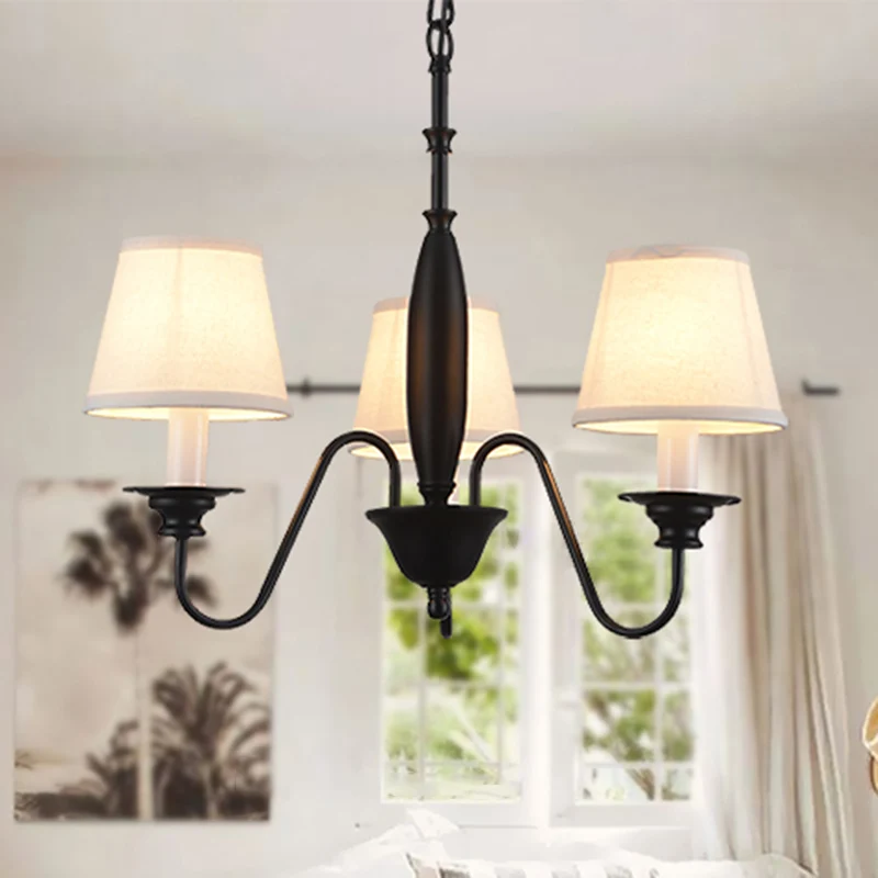 Lustre à bougie noire en tissu rustique, luminaire suspendu pour Restaurant, avec abat-jour en tissu conique Clearhalo