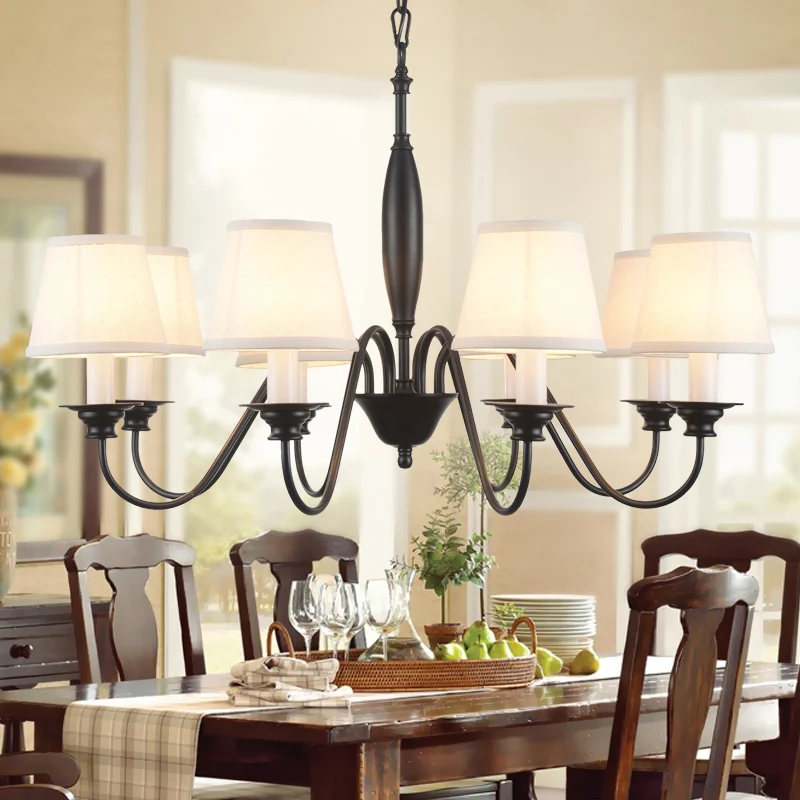 Lustre à bougie noire en tissu rustique, luminaire suspendu pour Restaurant, avec abat-jour en tissu conique Clearhalo