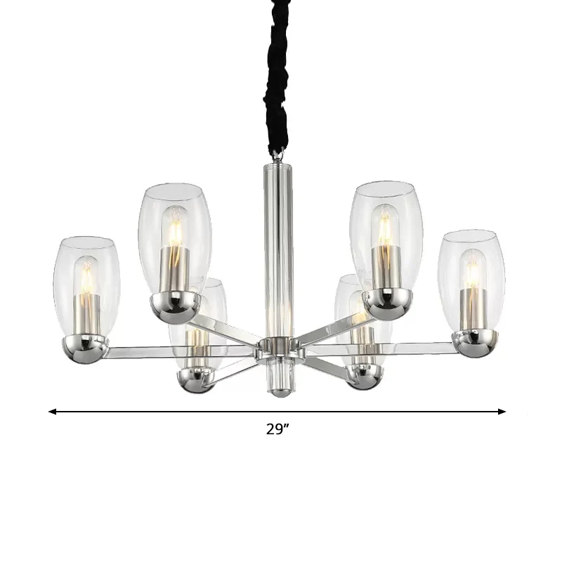 Lustre à bougie en verre transparent modernisme, 6 têtes, luminaire suspendu au plafond chromé avec chaîne réglable Clearhalo