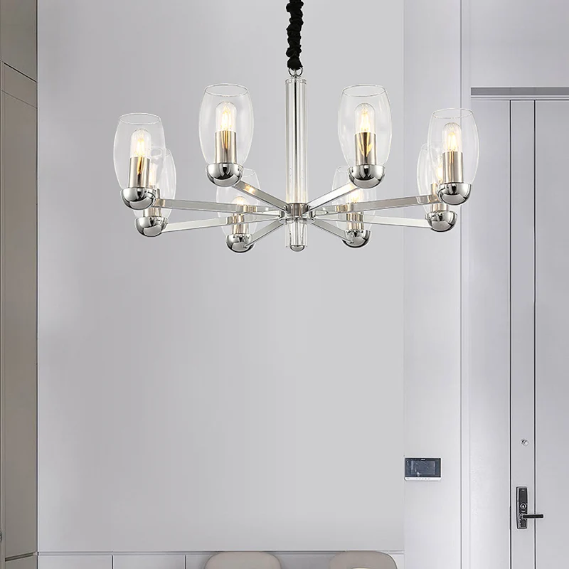 Lustre à bougie en verre transparent modernisme, 6 têtes, luminaire suspendu au plafond chromé avec chaîne réglable Clearhalo