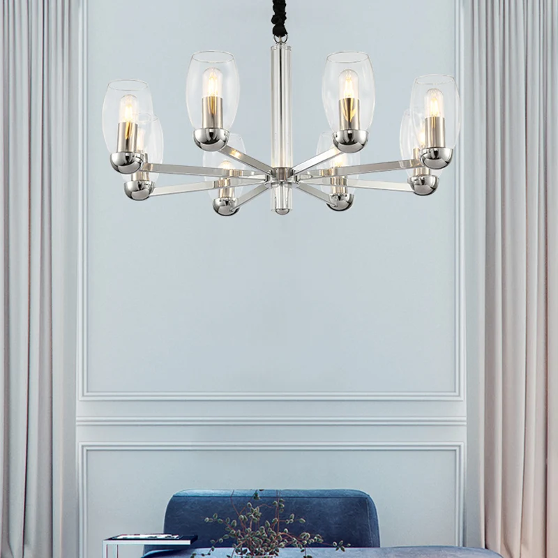 Lustre à bougie en verre transparent modernisme, 6 têtes, luminaire suspendu au plafond chromé avec chaîne réglable Clearhalo