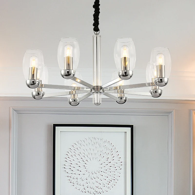 Lustre à bougie en verre transparent modernisme, 6 têtes, luminaire suspendu au plafond chromé avec chaîne réglable Clearhalo