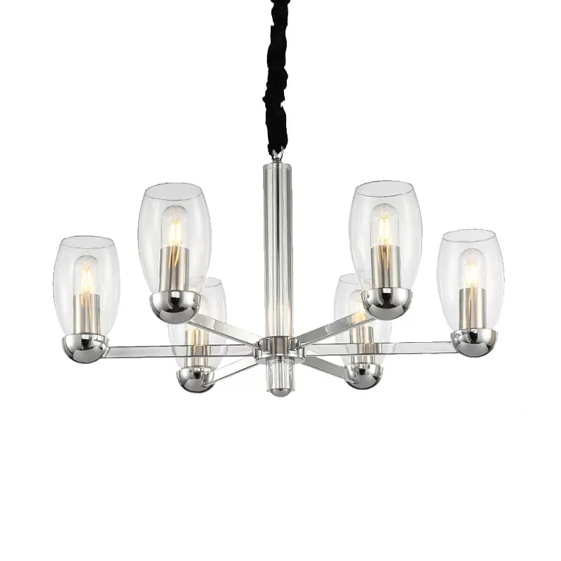 Lustre à bougie en verre transparent modernisme, 6 têtes, luminaire suspendu au plafond chromé avec chaîne réglable Clearhalo