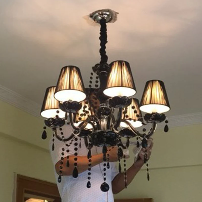 Lustre à bougies à 6 lumières, plafonnier Vintage en cristal noir, luminaire décoratif d'intérieur, idéal pour le salon Cl...