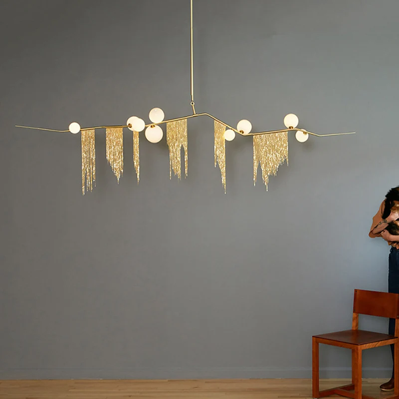 Lustre boule en verre opale, Kit d'éclairage moderne, 9 lumières, pendentif goutte en or avec franges à pampilles Clearhalo