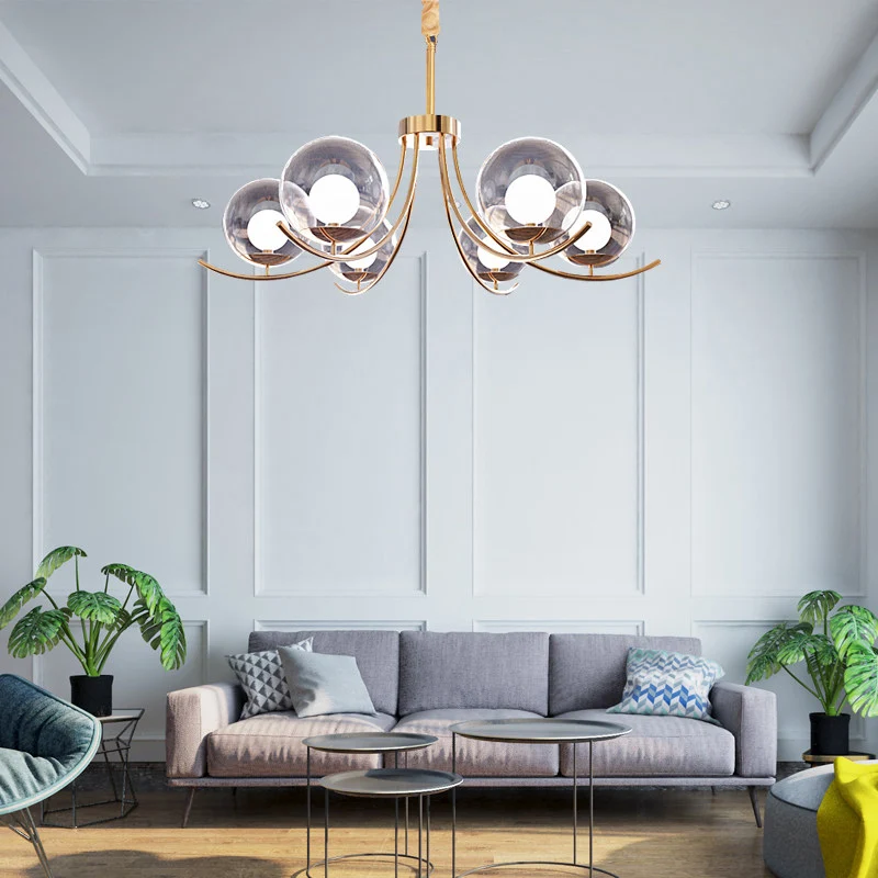 Lustre boule de verre transparent, luminaire de Style moderne, lampe suspendue dorée à 6/8/10 têtes avec bras incurvé Clea...