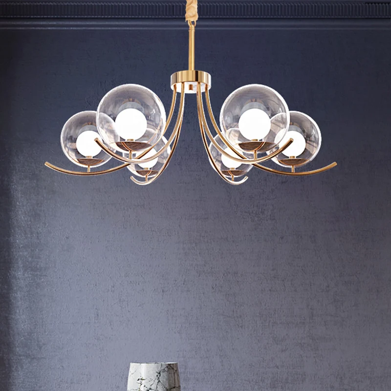 Lustre boule de verre transparent, luminaire de Style moderne, lampe suspendue dorée à 6/8/10 têtes avec bras incurvé Clea...