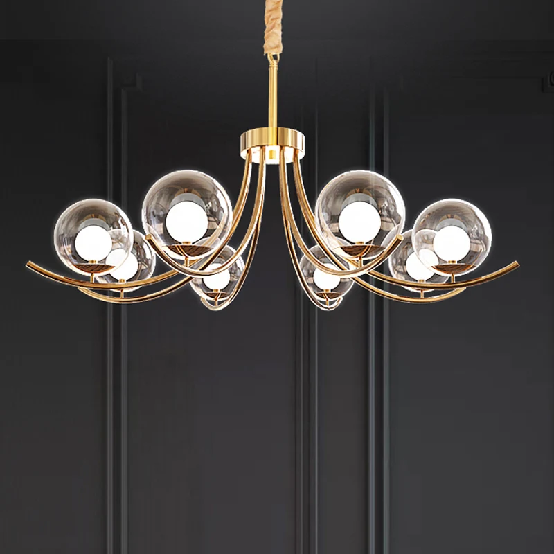 Lustre boule de verre transparent, luminaire de Style moderne, lampe suspendue dorée à 6/8/10 têtes avec bras incurvé Clea...