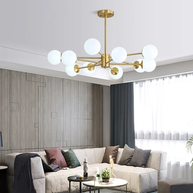 Lustre boules postmodernisme en verre ivoire, luminaire suspendu pour salon, Design éclaté en or Clearhalo
