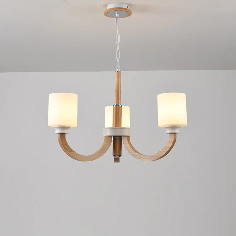 Lustre à bras en arc en bois, suspension minimaliste marron avec abat-jour cylindrique en verre blanc Clearhalo