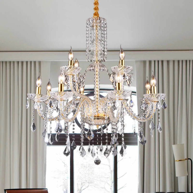 Lustre à bras incurvé, lampe moderne en cristal biseauté, 10 ampoules, pendentif goutte de salon en laiton Clearhalo