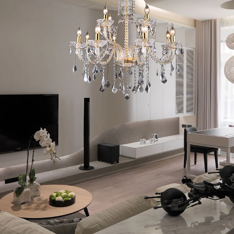 Lustre à bras incurvé, lampe moderne en cristal biseauté, 10 ampoules, pendentif goutte de salon en laiton Clearhalo