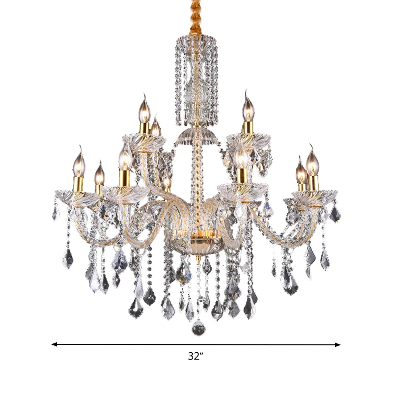 Lustre à bras incurvé, lampe moderne en cristal biseauté, 10 ampoules, pendentif goutte de salon en laiton Clearhalo