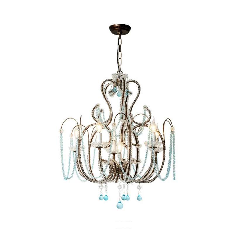 Lustre à bras incurvé à 6 lumières, Kit de suspension Vintage en métal rouille avec brin de cristal Clearhalo