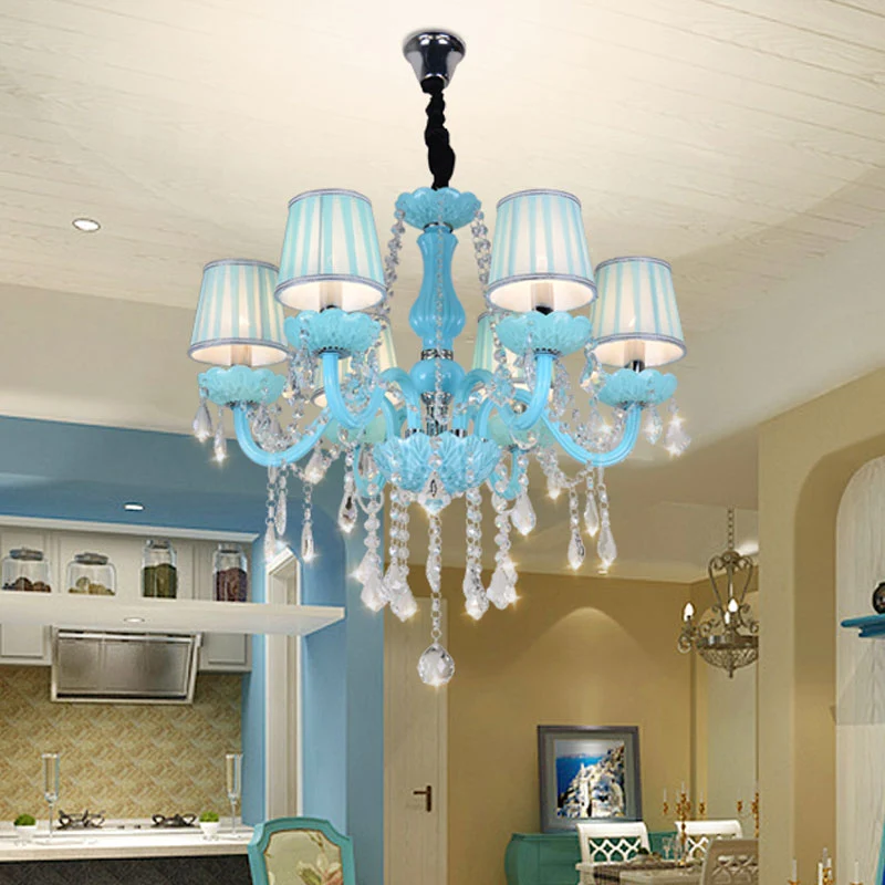 Lustre à bras incurvé de style bougie bleue, plafonnier à brins de cristal transparent Clearhalo