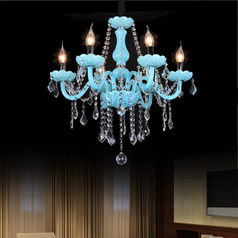Lustre à bras incurvé de style bougie bleue, plafonnier à brins de cristal transparent Clearhalo