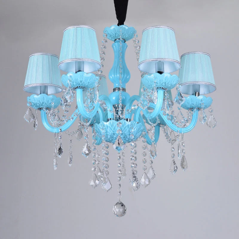 Lustre à bras incurvé de style bougie bleue, plafonnier à brins de cristal transparent Clearhalo