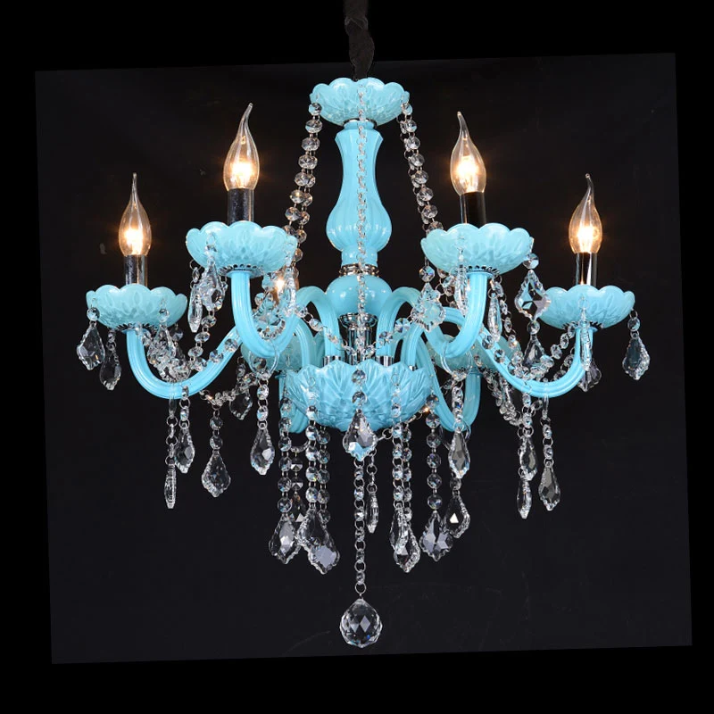 Lustre à bras incurvé de style bougie bleue, plafonnier à brins de cristal transparent Clearhalo