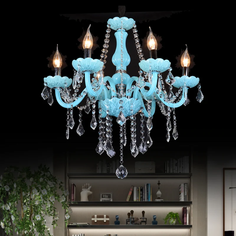 Lustre à bras incurvé de style bougie bleue, plafonnier à brins de cristal transparent Clearhalo