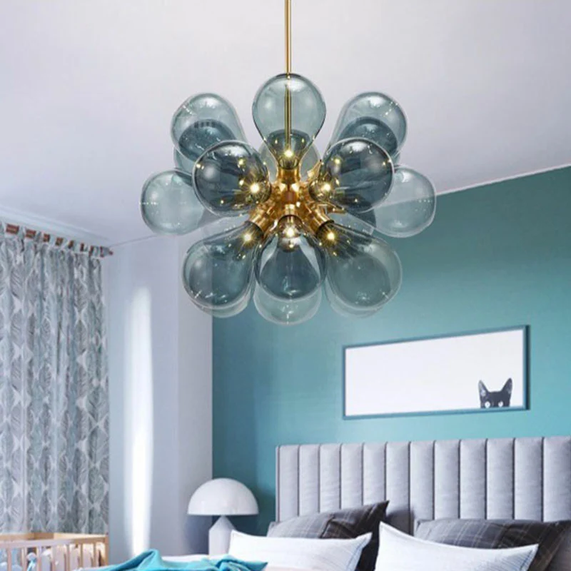 Lustre à bulles créatives postmodernes en verre, suspension de chambre à coucher à 18 ampoules en or Clearhalo