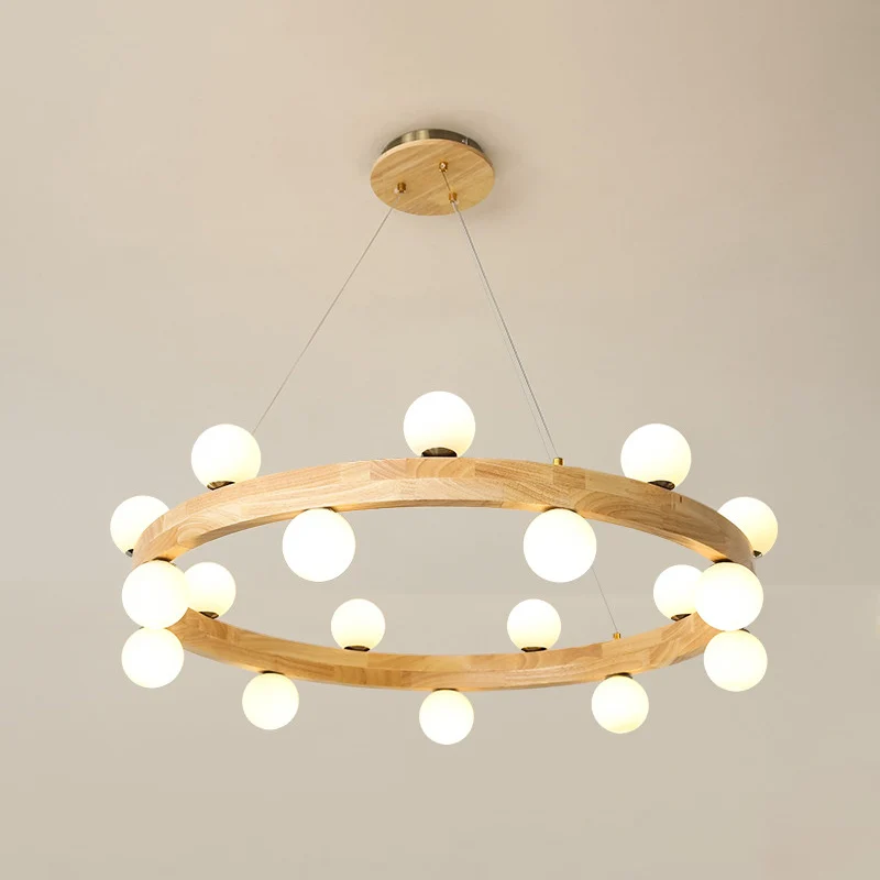 Lustre circulaire en bois, suspension LED minimaliste avec abat-jour en verre opale orbe Clearhalo