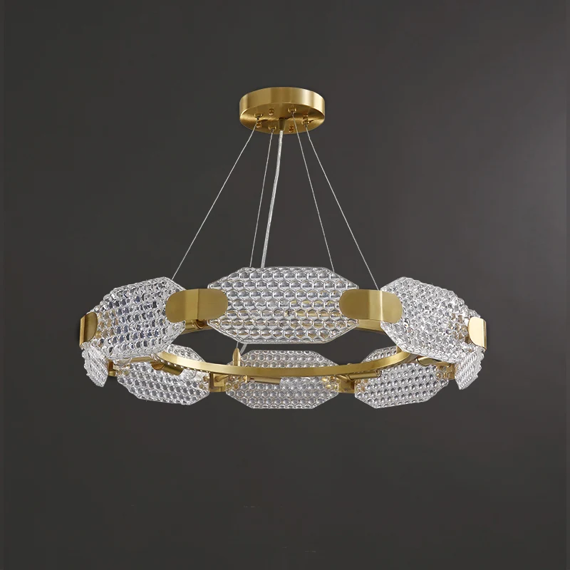 Lustre circulaire en cristal à prisme, Style Simple, 6 lumières, Kit de lampes suspendues pour chambre à coucher, en or av...